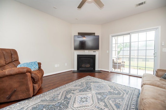 363 Robin Helton Dr, Boiling Springs, SC 29316 - living room featuring wood finished floors, a ceiling fan, and a glass covered fireplace