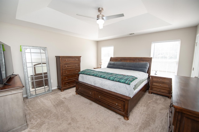 363 Robin Helton Dr, Boiling Springs, SC 29316 - bedroom featuring a raised ceiling, light colored carpet, and ceiling fan
