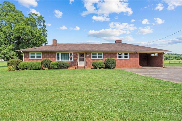 2160 Compton Bridge Rd, Inman, SC 29349 - ranch-style home featuring a chimney, an attached carport, driveway, and a front yard