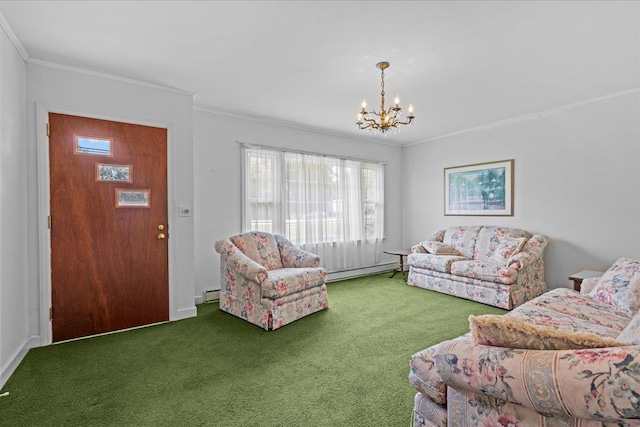 2160 Compton Bridge Rd, Inman, SC 29349 - living area with carpet floors, a chandelier, ornamental molding, and baseboard heating