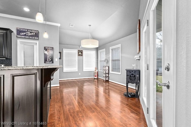 kitchen with pendant lighting, dark hardwood / wood-style floors, and a healthy amount of sunlight