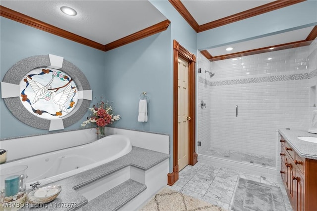 bathroom featuring vanity, separate shower and tub, and crown molding