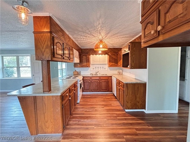 kitchen with brown cabinetry, white appliances, a sink, and wood finished floors