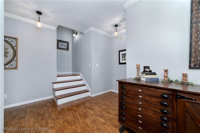 interior space featuring hardwood / wood-style flooring and ornamental molding