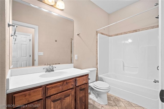 full bathroom featuring tile patterned flooring, vanity,  shower combination, and toilet