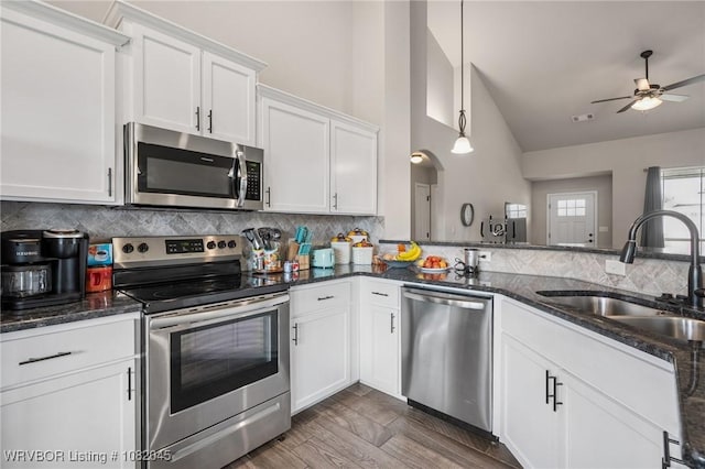 1138 Delta Dr, Van Buren, AR 72956 - kitchen with stainless steel appliances, white cabinetry, tasteful backsplash, wood finished floors, and ceiling fan