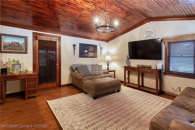 living room featuring wooden ceiling, wood-type flooring, a notable chandelier, and vaulted ceiling