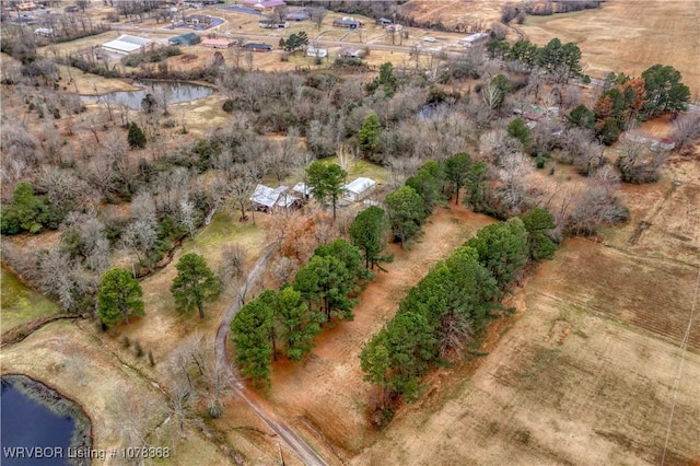 drone / aerial view featuring a rural view and a water view