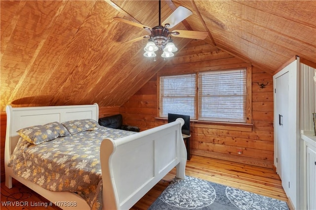 bedroom featuring ceiling fan, wood ceiling, and wood walls