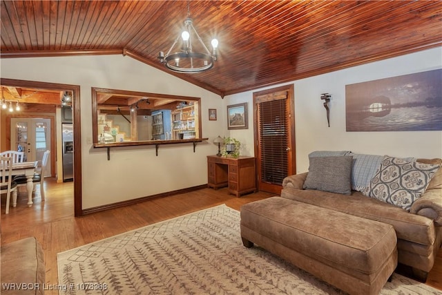 living room featuring light wood-type flooring, vaulted ceiling, an inviting chandelier, and wooden ceiling