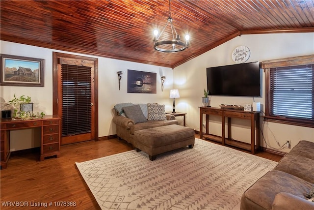 living room featuring a notable chandelier, lofted ceiling, crown molding, wood ceiling, and wood finished floors