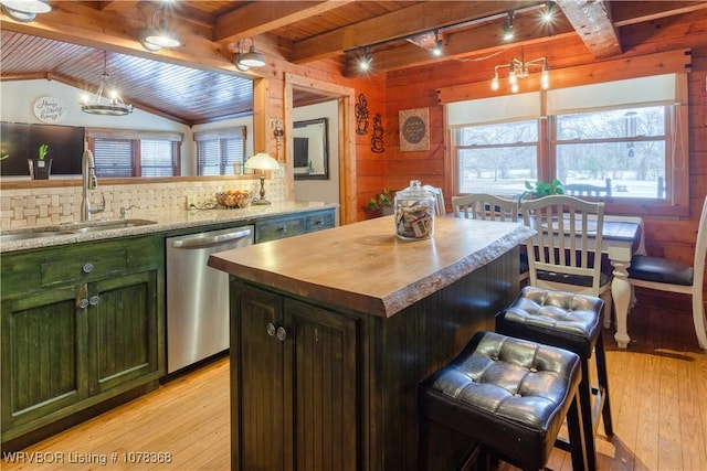 kitchen featuring light hardwood / wood-style floors, backsplash, a center island, stainless steel dishwasher, and sink