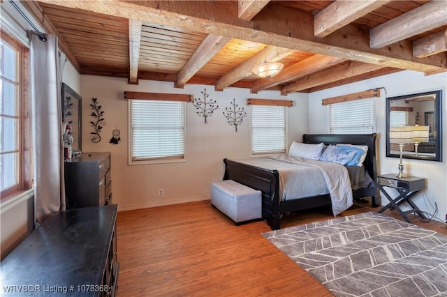 bedroom featuring wooden ceiling, wood-type flooring, and beamed ceiling