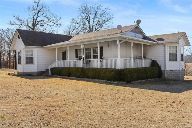 single story home featuring a porch, crawl space, and a shingled roof