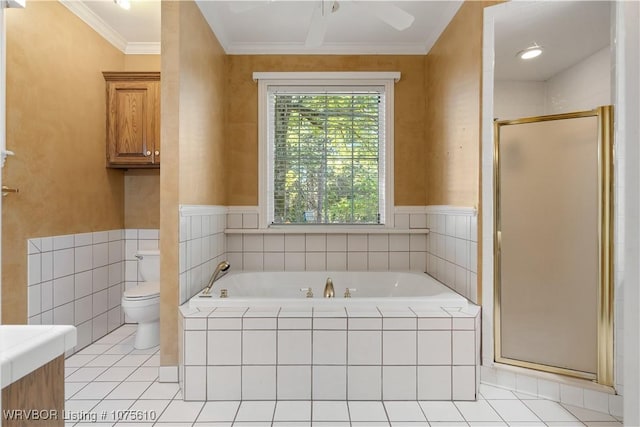 bathroom with tile patterned floors, ceiling fan, toilet, and independent shower and bath