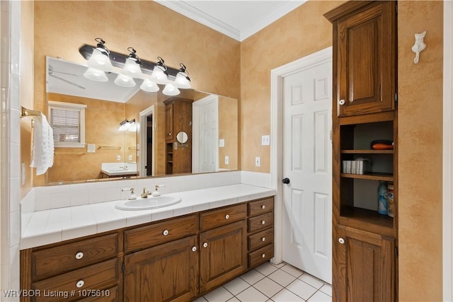 bathroom with vanity, tile patterned floors, and ornamental molding