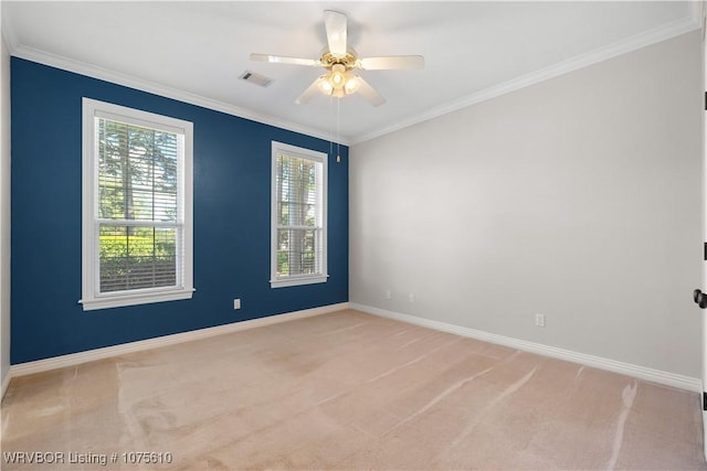 carpeted spare room with ceiling fan and crown molding