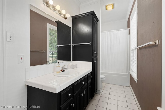 full bathroom with shower / tub combo, tile patterned floors, ornamental molding, vanity, and toilet