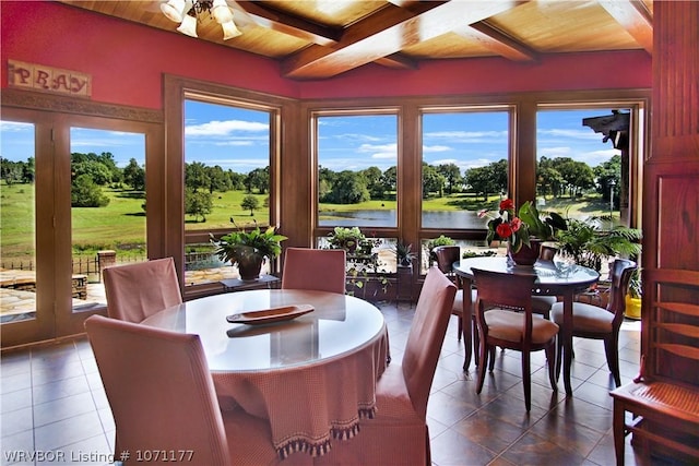 sunroom / solarium featuring beam ceiling, wooden ceiling, and a water view