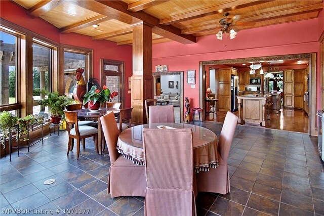 dining area featuring ceiling fan, beam ceiling, decorative columns, and wooden ceiling