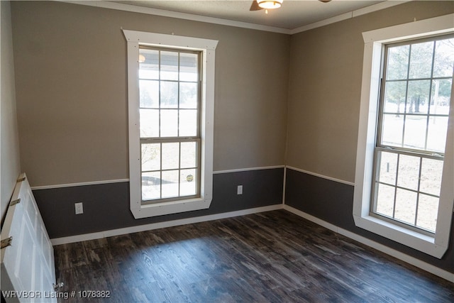 spare room featuring ceiling fan, a healthy amount of sunlight, crown molding, and dark hardwood / wood-style floors