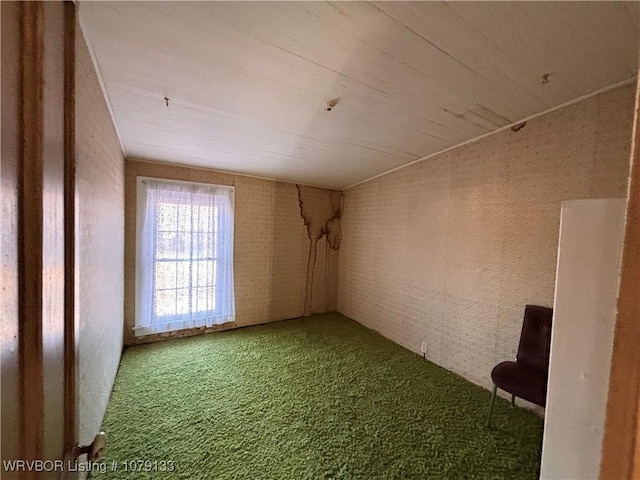 spare room with brick wall and carpet