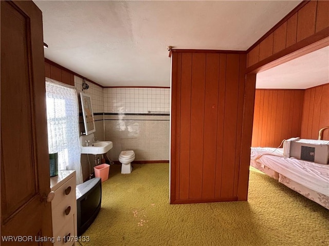 bathroom with carpet, wooden walls, ornamental molding, and a sink