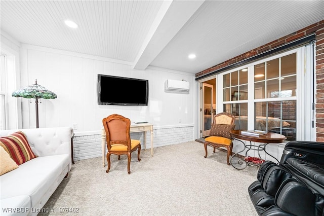 living room featuring carpet, beam ceiling, and a wall unit AC