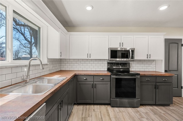 kitchen with butcher block countertops, appliances with stainless steel finishes, white cabinets, and a sink