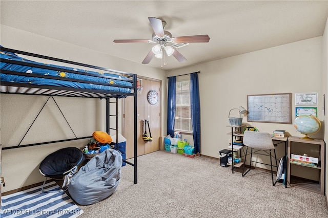 bedroom featuring carpet flooring and ceiling fan