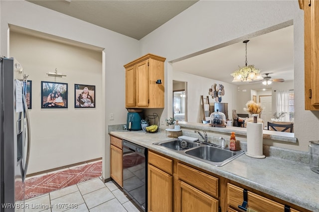 kitchen with dishwasher, ceiling fan with notable chandelier, sink, light tile patterned floors, and stainless steel fridge with ice dispenser