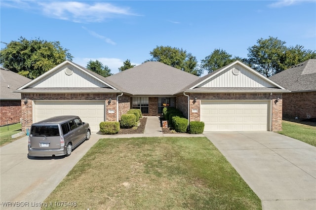 ranch-style house with a garage and a front lawn