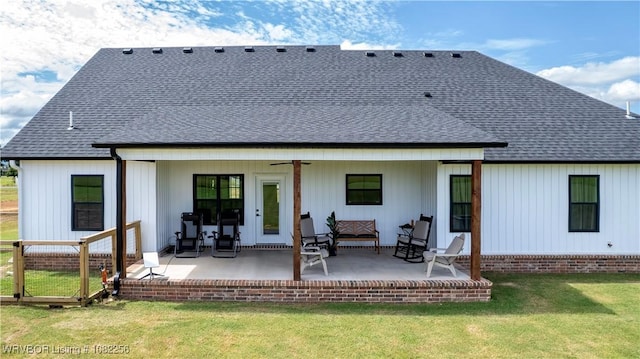 16312 Castle Rd, Poteau, OK 74953 - back of house with a patio, a yard, roof with shingles, and ceiling fan