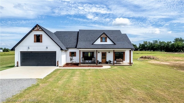 16312 Castle Rd, Poteau, OK 74953 - modern farmhouse style home featuring driveway, a front yard, a garage, a shingled roof, and board and batten siding
