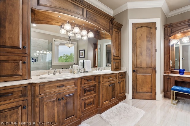 bathroom with crown molding, vanity, and walk in shower