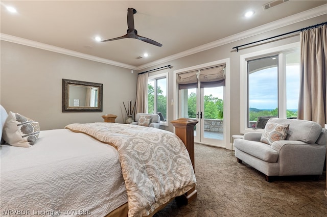 carpeted bedroom featuring ceiling fan, access to exterior, and ornamental molding