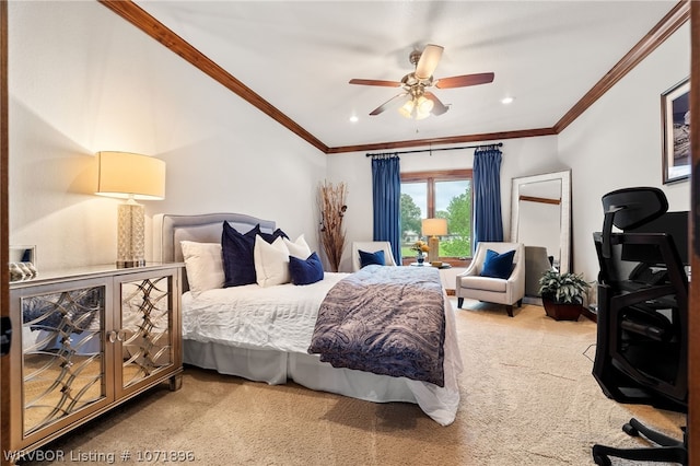 bedroom featuring ceiling fan, light colored carpet, and ornamental molding