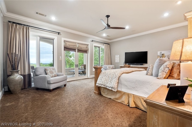 carpeted bedroom with access to exterior, ceiling fan, and crown molding