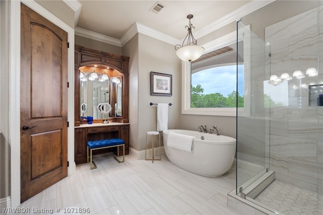 bathroom featuring crown molding and independent shower and bath