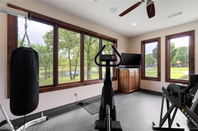 workout room featuring ceiling fan and a wealth of natural light