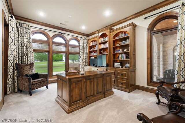 home office featuring light carpet and crown molding