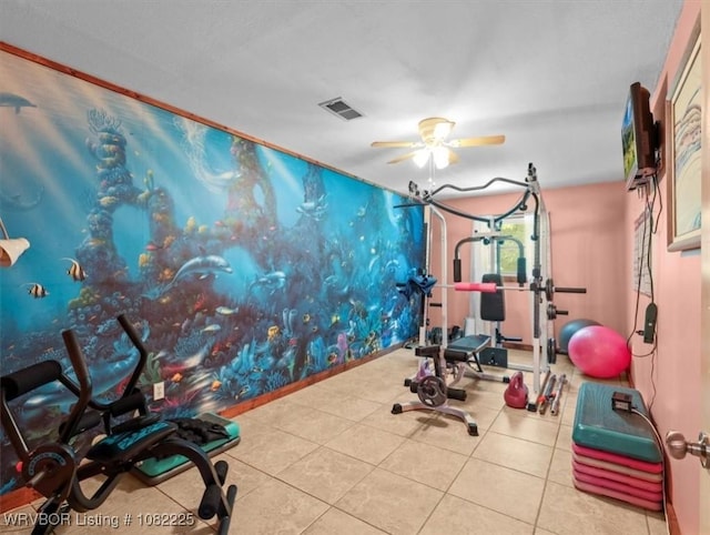 3204 W George, Pocola, OK 74902 - workout room with ceiling fan and tile patterned flooring