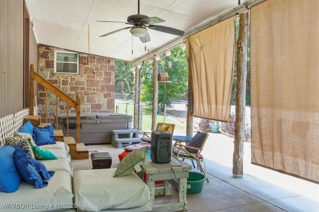 3204 W George, Pocola, OK 74902 - sunroom featuring a jacuzzi, ceiling fan, an outdoor hangout area, and vaulted ceiling