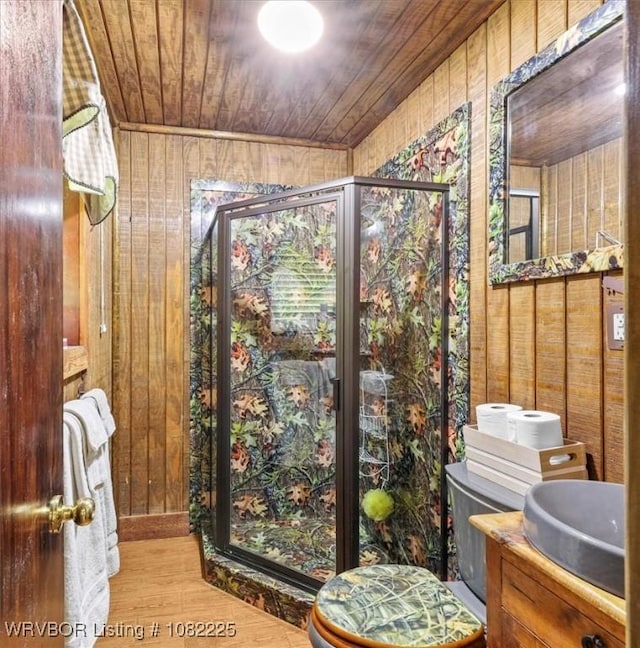 3204 W George, Pocola, OK 74902 - bathroom featuring wood ceiling, vanity, wood walls, a shower stall, and wood finished floors