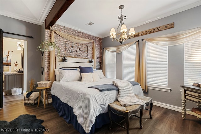 bedroom with ornamental molding, dark wood-type flooring, and a notable chandelier