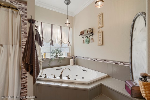 bathroom with tiled bath and crown molding