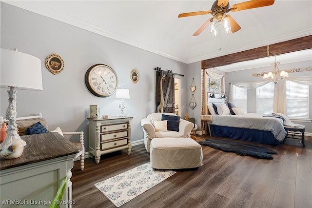 bedroom with dark wood-type flooring, ceiling fan with notable chandelier, and ornamental molding