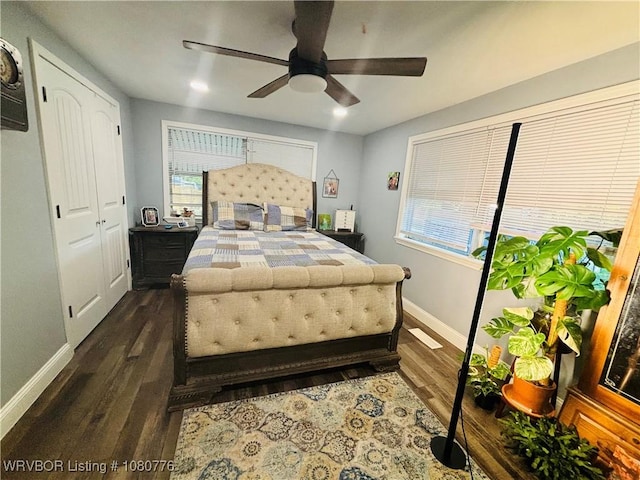 bedroom featuring dark wood-style flooring, baseboards, ceiling fan, and recessed lighting
