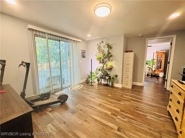 workout room featuring recessed lighting, baseboards, and wood finished floors