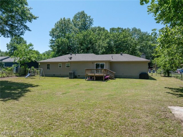 2128 N 53rd St, Fort Smith, AR 72904 - back of property featuring a playground, crawl space, cooling unit, a deck, and a chimney